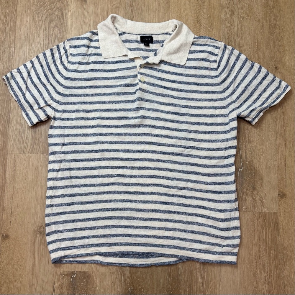 J Crew Men’s Linen Blend Striped Polo Ivory Blue XL